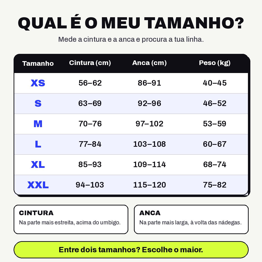 Guia de tamanhos do body modelador, do XS ao XXL, em centímetros