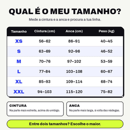 Guia de tamanhos do body modelador, do XS ao XXL, em centímetros