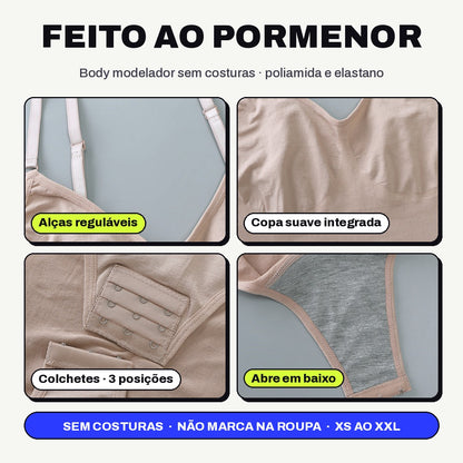 Pormenores do body modelador: alças reguláveis, copa suave integrada, colchetes com 3 posições e abertura em baixo